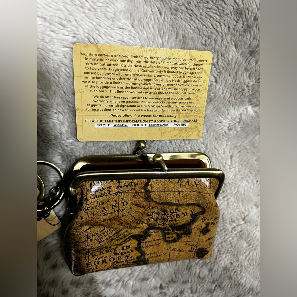 PATRICIA NASH Borse Leather Coin Kiss Lock Purse Keychain European Map Print NWT - Picture 5 of 7